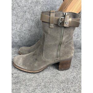 HS Trask Boots Womens Size 7.5 Gray Suede Stacked Heel Side Zip Buckle Ankle